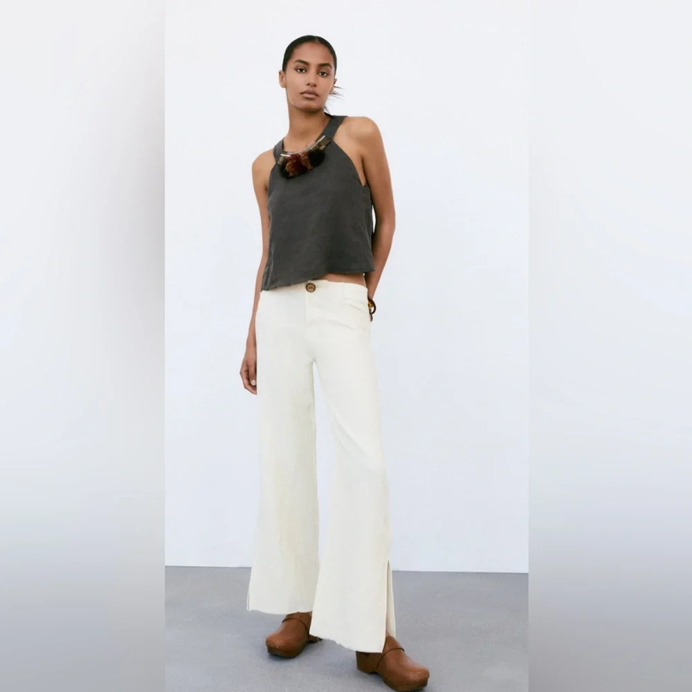 ZARA khaki green linen top with tassels appliqués size extra small - Picture 5 of 5